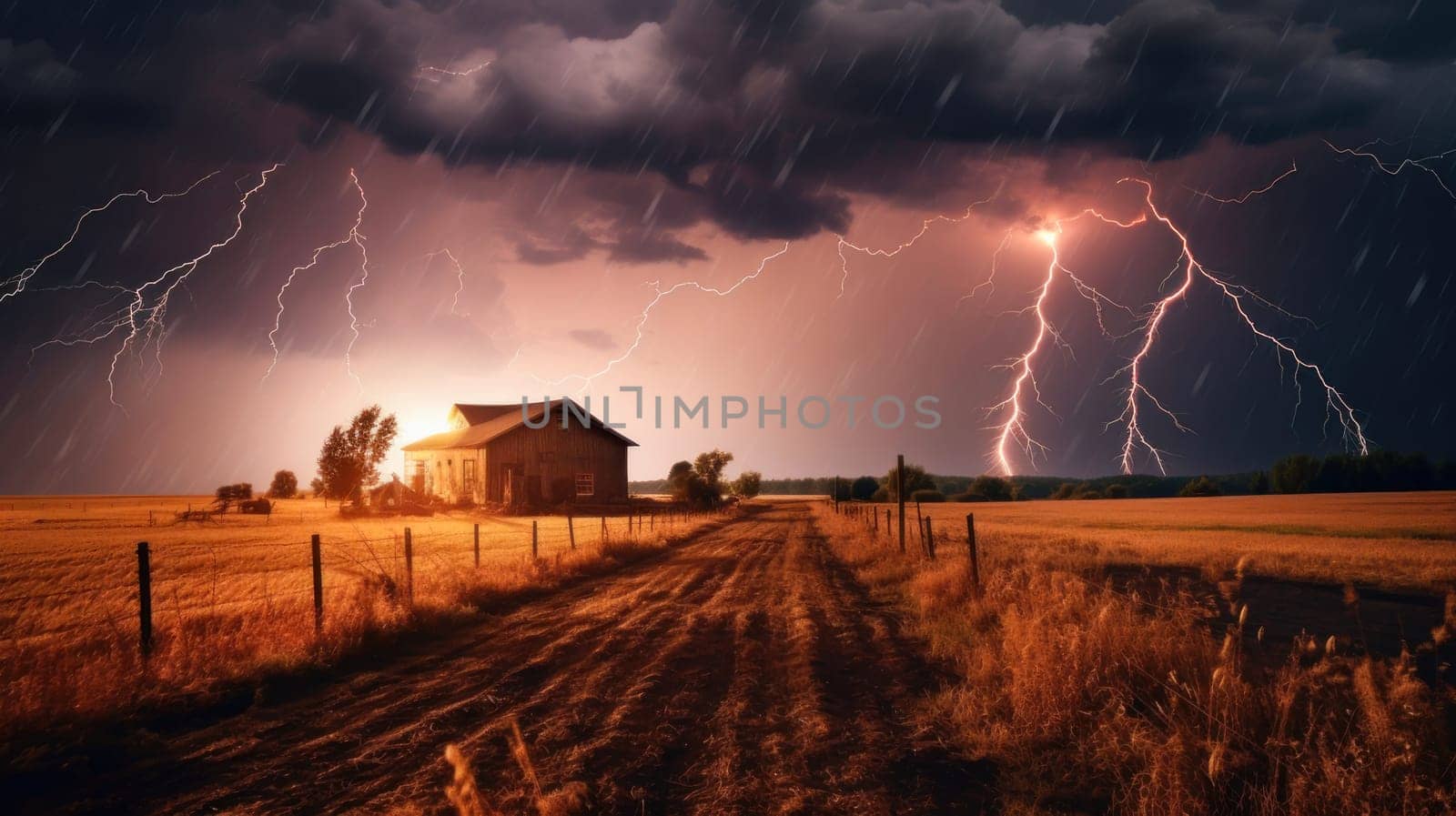 Beautiful lightning, picture, screensaver for your phone or computer. Storm clouds and distant thunder and lightning strikes above the ground
