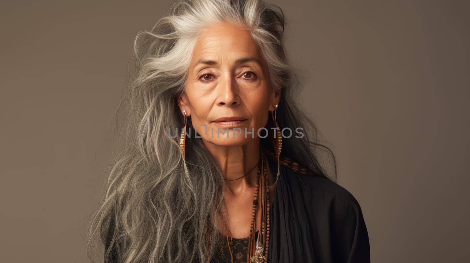 Elegant, elderly, chic Latino, Spain woman with gray long hair and perfect skin, on a brown background, banner. Advertising of cosmetic products, spa treatments, shampoos and hair care products, dentistry and medicine, perfumes and cosmetology women