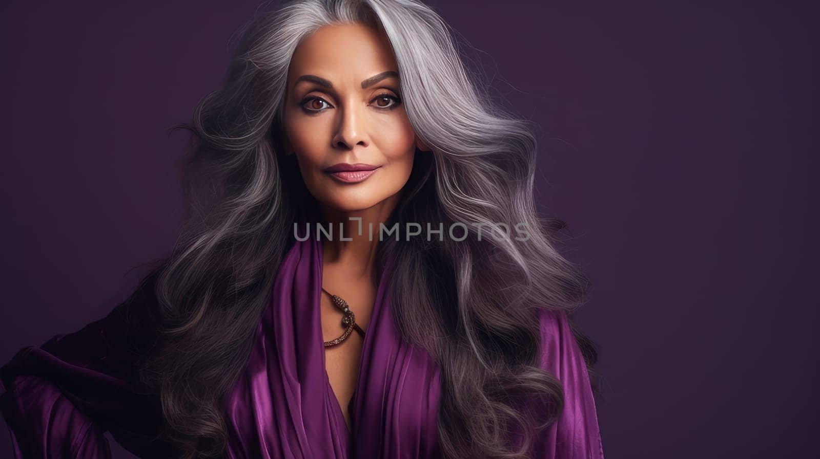 Elegant, elderly, chic latino, Spain woman with gray long hair and perfect skin, purple background, banner. Advertising of cosmetic products, spa treatments, shampoos and hair care products, dentistry and medicine, perfumes and cosmetology for women