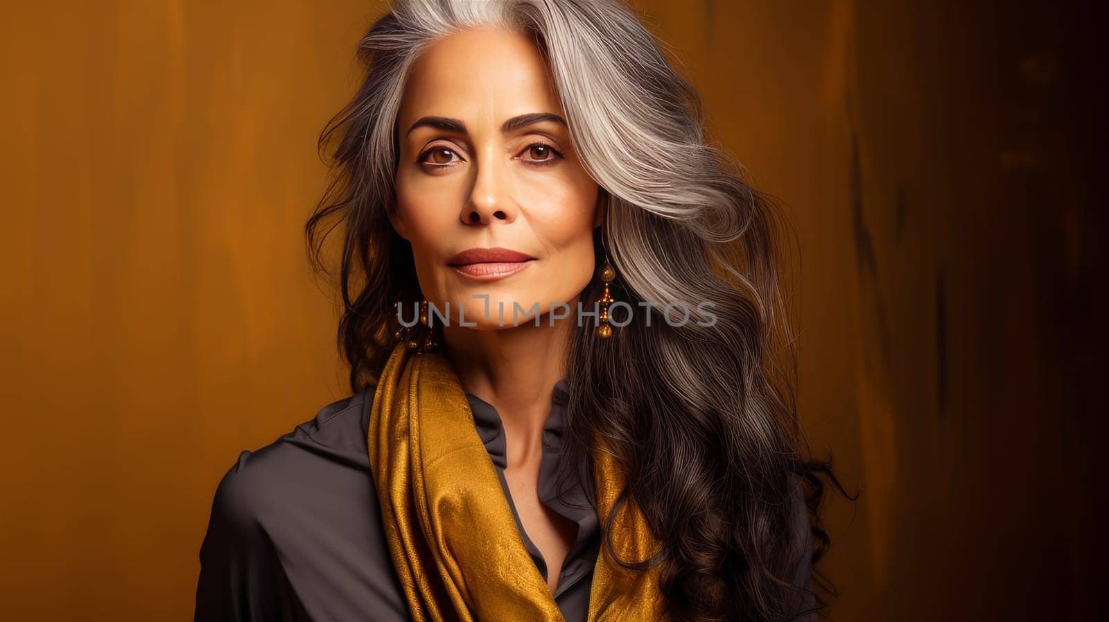 Elegant, elderly, chic latino, Spain woman with gray long hair and perfect skin, golden background, banner. Advertising of cosmetic products, spa treatments, shampoos and hair care products, dentistry and medicine, perfumes and cosmetology for women