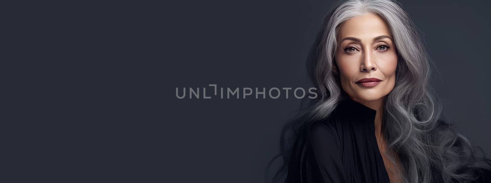Elegant, elderly, chic latino, Spain woman with gray long hair and perfect skin, silver background, banner. by Alla_Yurtayeva