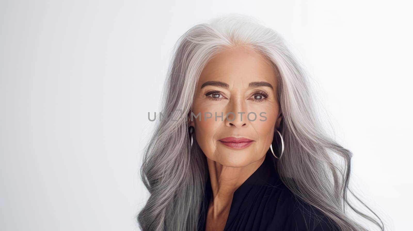 Elegant, elderly, chic Latino, Spain woman with gray long hair and perfect skin, white background, banner. Advertising of cosmetic products, spa treatments, shampoos and hair care products, dentistry and medicine, perfumes and cosmetology for women