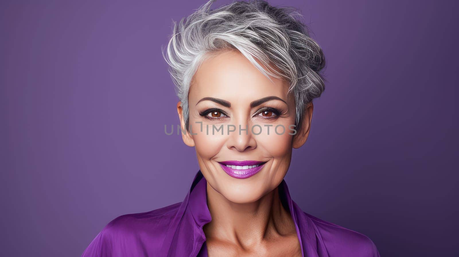 Elegant, smiling elderly, chic latino, Spain woman with gray hair and perfect skin, purple background banner. Advertising of cosmetic products, spa treatments, shampoos and hair care products, dentistry and medicine, perfumes and cosmetology for women