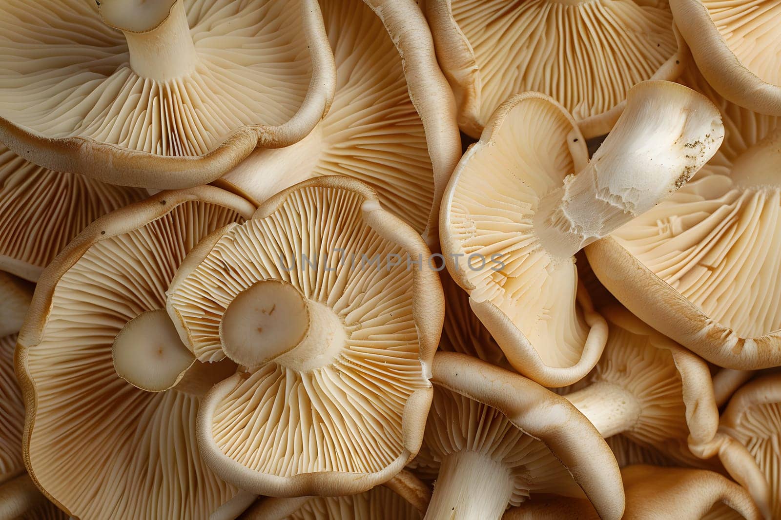 Close-up image of raw oyster mushrooms with detailed gills texture for culinary use in vegetarian and vegan dishes.