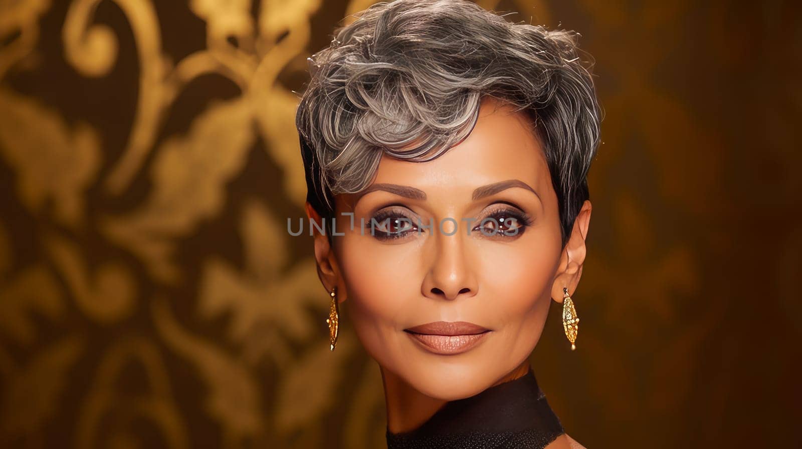 Elegant, smiling elderly, chic latino, Spain woman with gray hair and perfect skin, gold background banner. Advertising of cosmetic products, spa treatments, shampoos and hair care products, dentistry and medicine, perfumes and cosmetology for women