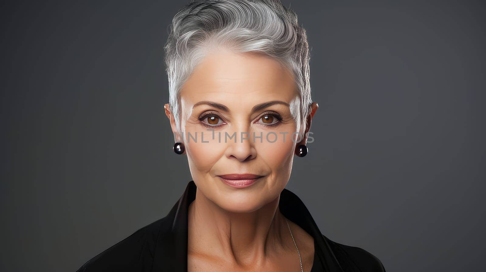 Elegant, smiling elderly, chic latino, Spain woman with gray hair and perfect skin, gray background banner. Advertising of cosmetic products, spa treatments, shampoos and hair care products, dentistry and medicine, perfumes and cosmetology for women