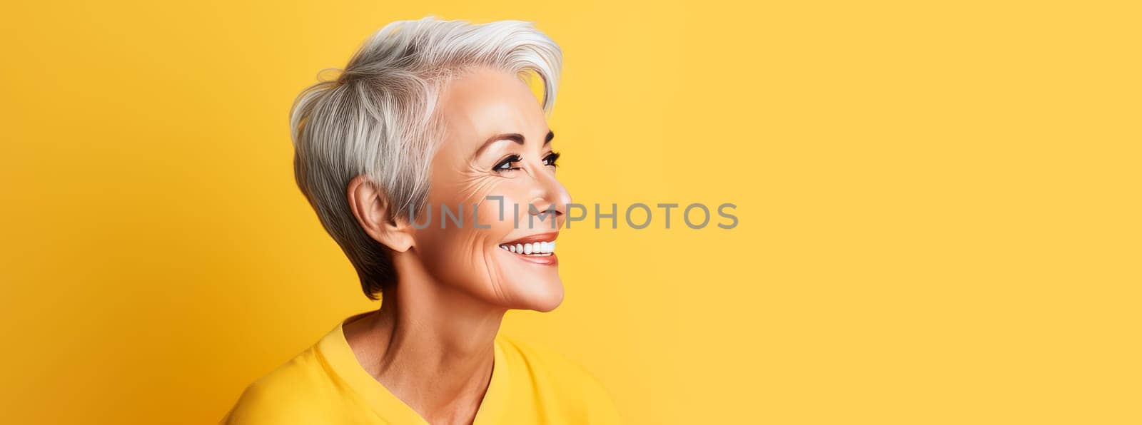 Elegant, smiling elderly, chic latino, Spain woman with gray hair and perfect skin, yellow background banner. by Alla_Yurtayeva