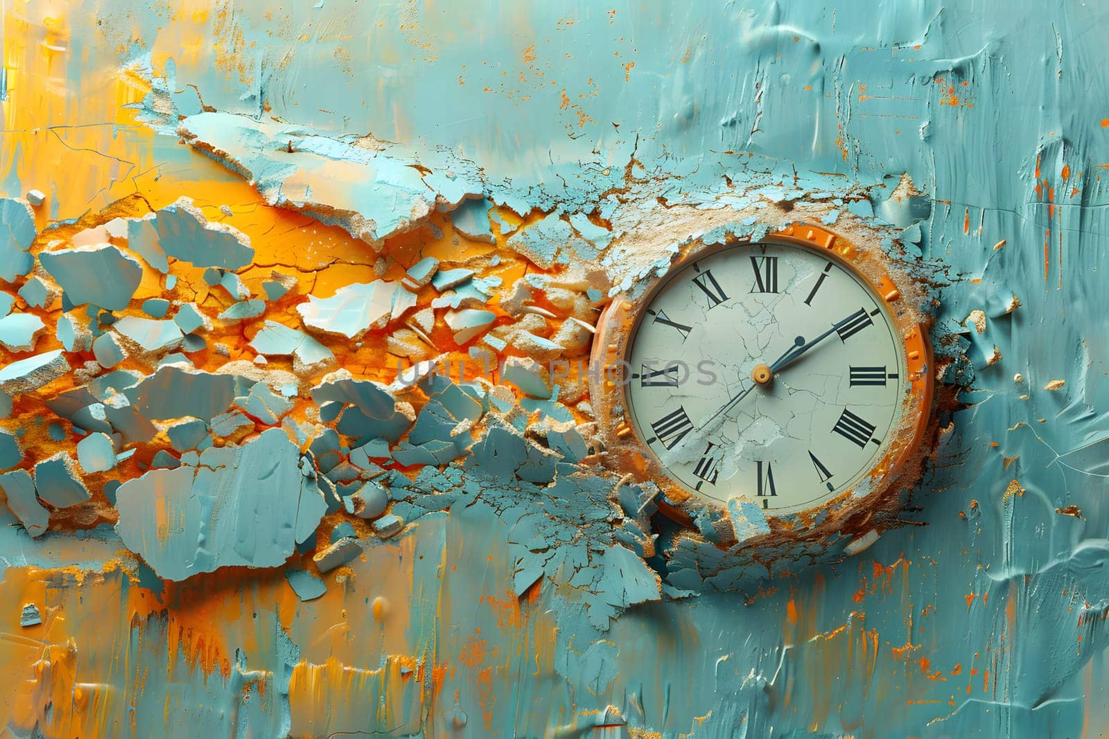 A vivid conceptual image demonstrating transience of time with a clock embedded in peeling colorful paint on abstract background