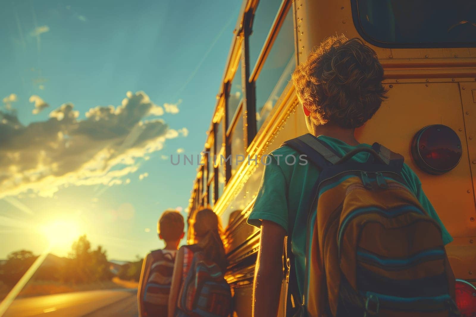 A group of children are standing in front of a yellow school bus. The sun is shining brightly, creating a warm and inviting atmosphere. The children are wearing backpacks