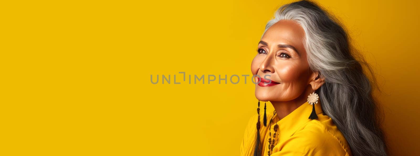 Elegant, elderly, chic Latino, Spain woman with gray long hair and perfect skin, yellow background, banner. Advertising of cosmetic products, spa treatments, shampoos and hair care products, dentistry and medicine, perfumes and cosmetology for women