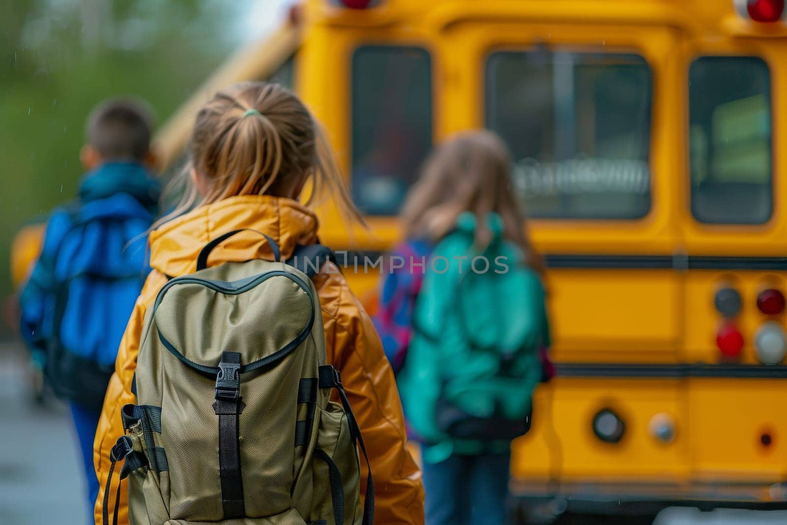 A group of children are standing in front of a yellow school bus by itchaznong