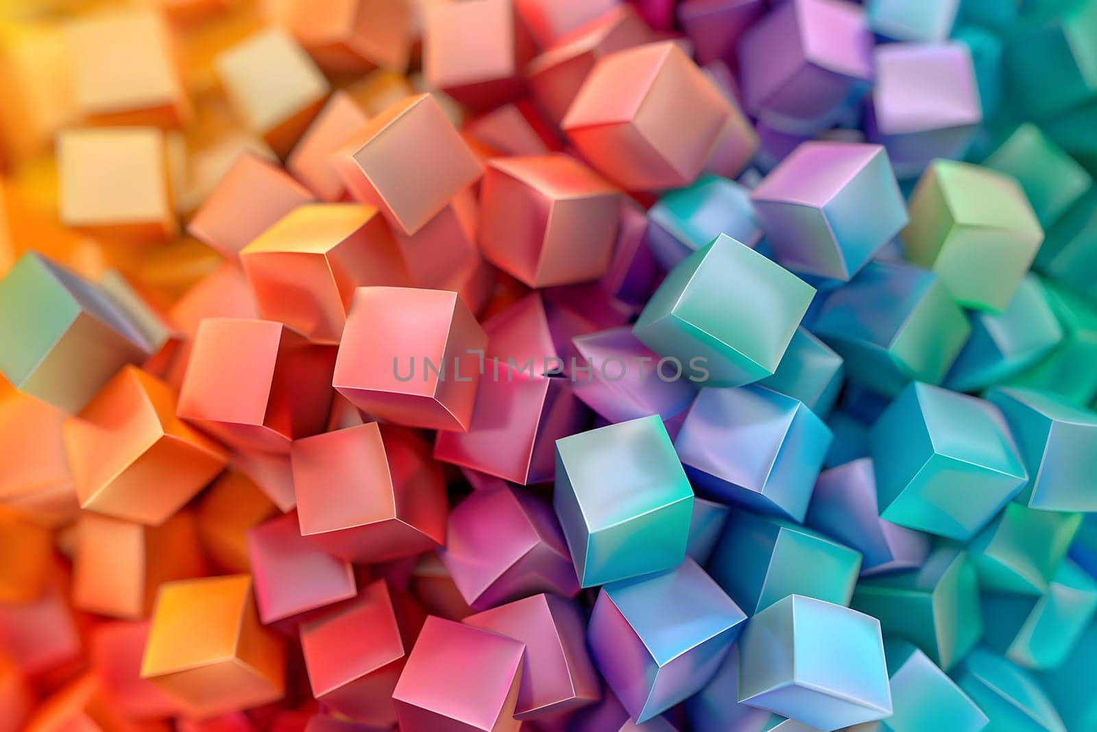 Colorful abstract cubic backdrop in rainbow hues showcases chaos, diversity and creativity in a 3D rendering perfect for graphic design.