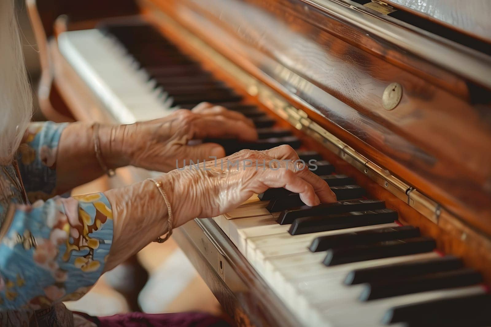 Close-up of a senior woman's hands on piano keys, expressing joy and lifelong love for music in a serene indoor setting.