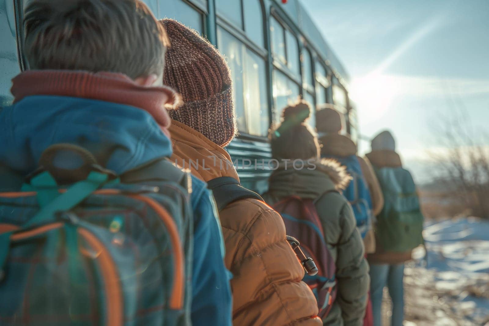 A group of children are standing in line to board a bus. They are all wearing backpacks and hats, and the sun is shining brightly. Scene is cheerful and energetic
