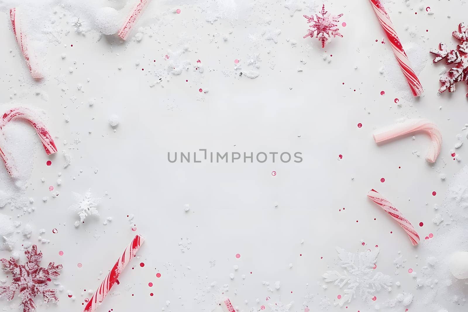 Christmas postcard backdrop with candy canes, snowflakes, and copyspace for holiday text. White and red festive decoration concept.