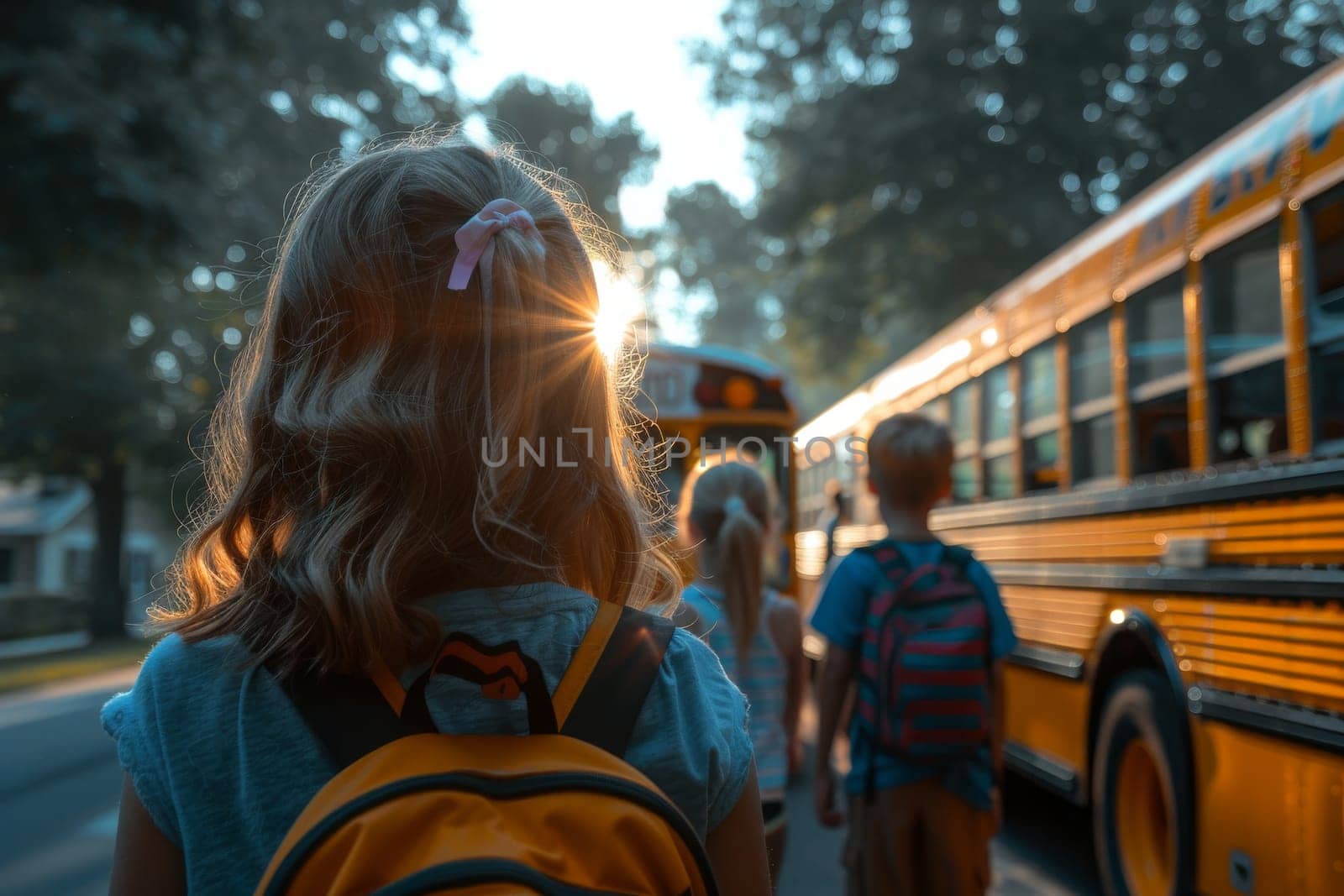 A girl wearing a pink bow in her hair walks with two other children in front of a yellow school bus