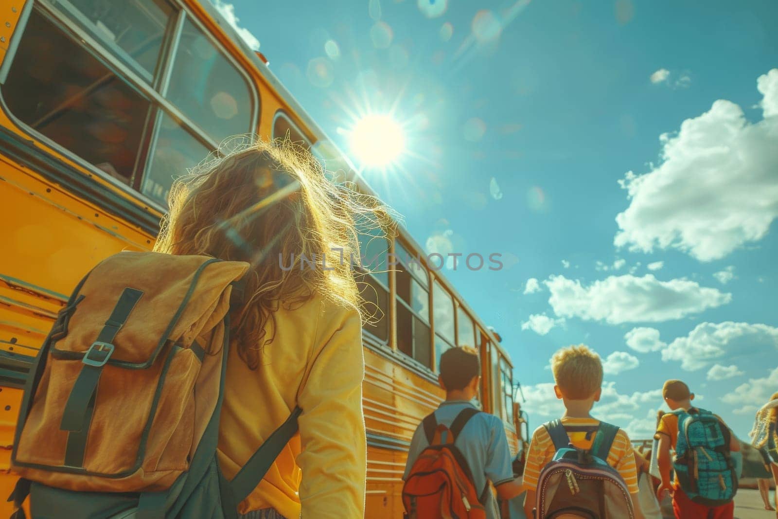 A group of children are standing in front of a yellow school bus by itchaznong