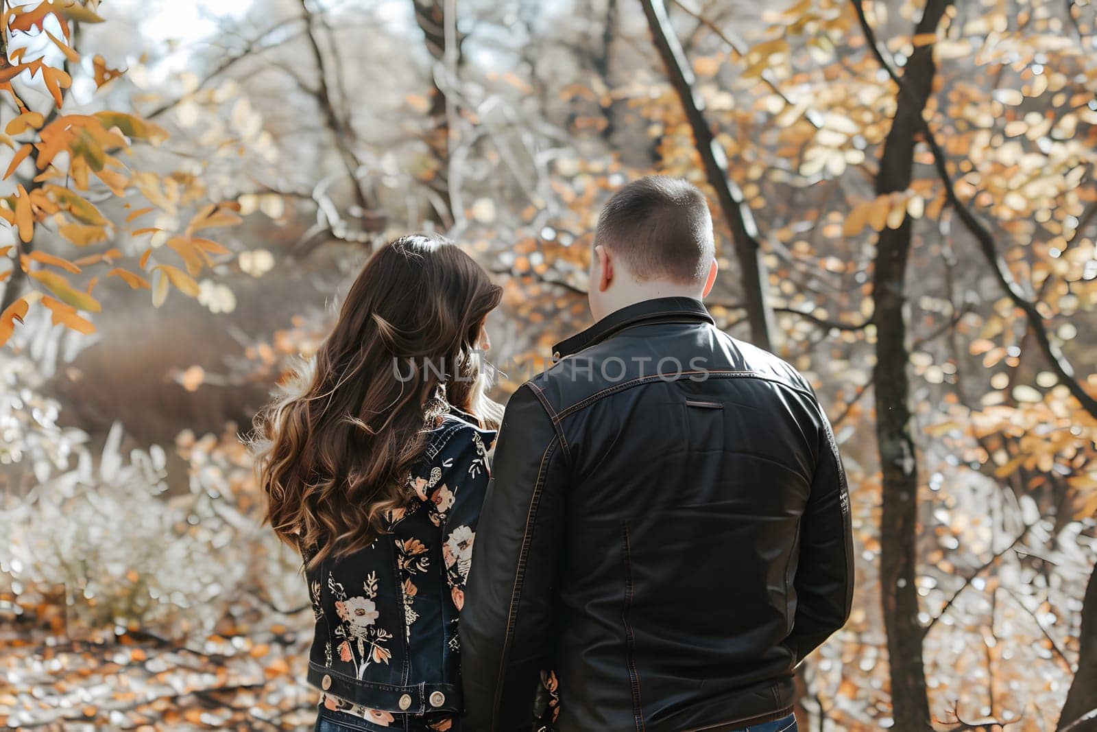 Romantic scene as man proposes to woman in beautiful autumn forest setting, capturing love and engagement in nature.