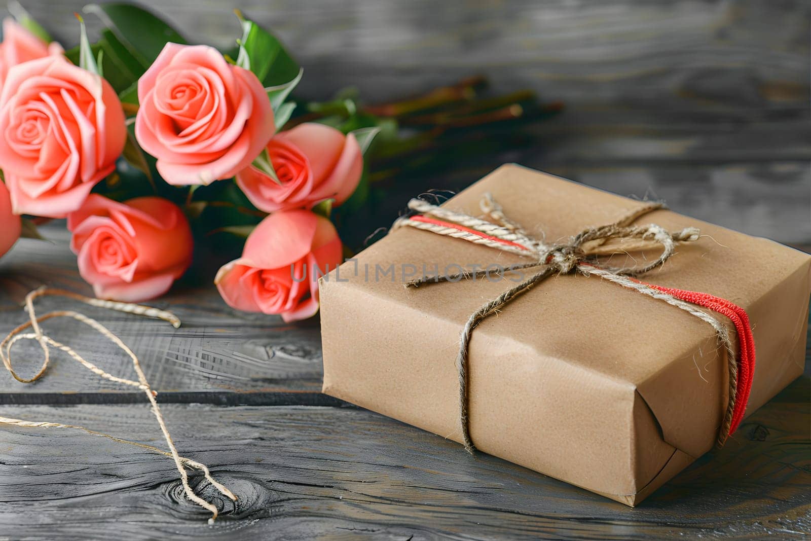 Beautiful coral roses lie beside a wrapped gift box with empty space for text, perfect for Mother's Day greetings.