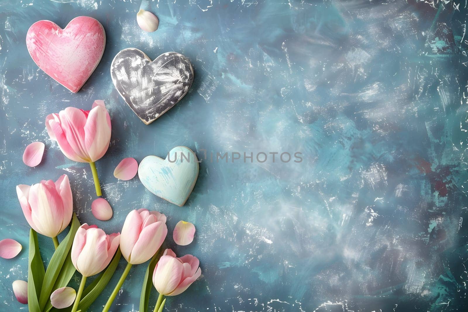 Beautiful pink tulips and decorative hearts on blue textured backdrop perfect for Mothers Day greetings, with ample empty space for text.