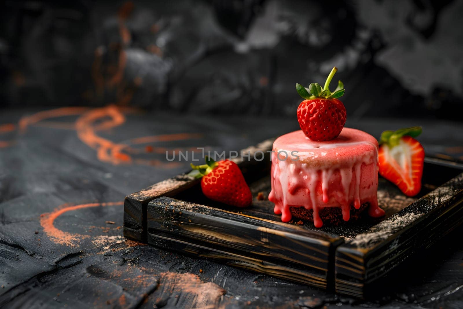 Elegant strawberry dessert beautifully presented on dark wooden tray with fresh berries. Concept of gourmet sweets, indulgence, and food styling.