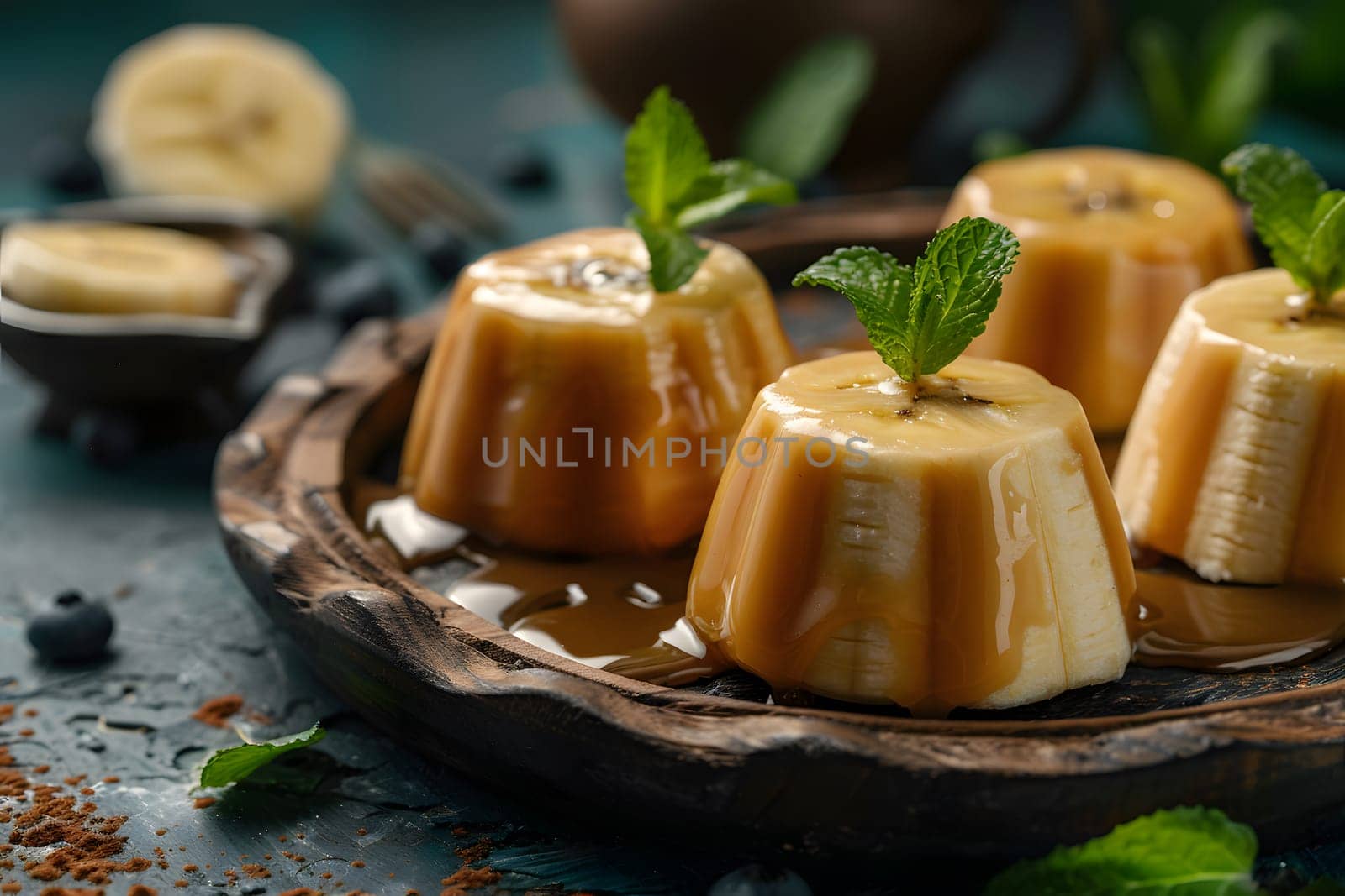 Gourmet banana dessert with caramel, mint garnish, served on rustic wooden tray, ideal for food blogs and menus, enticing and delicious gourmet treat.