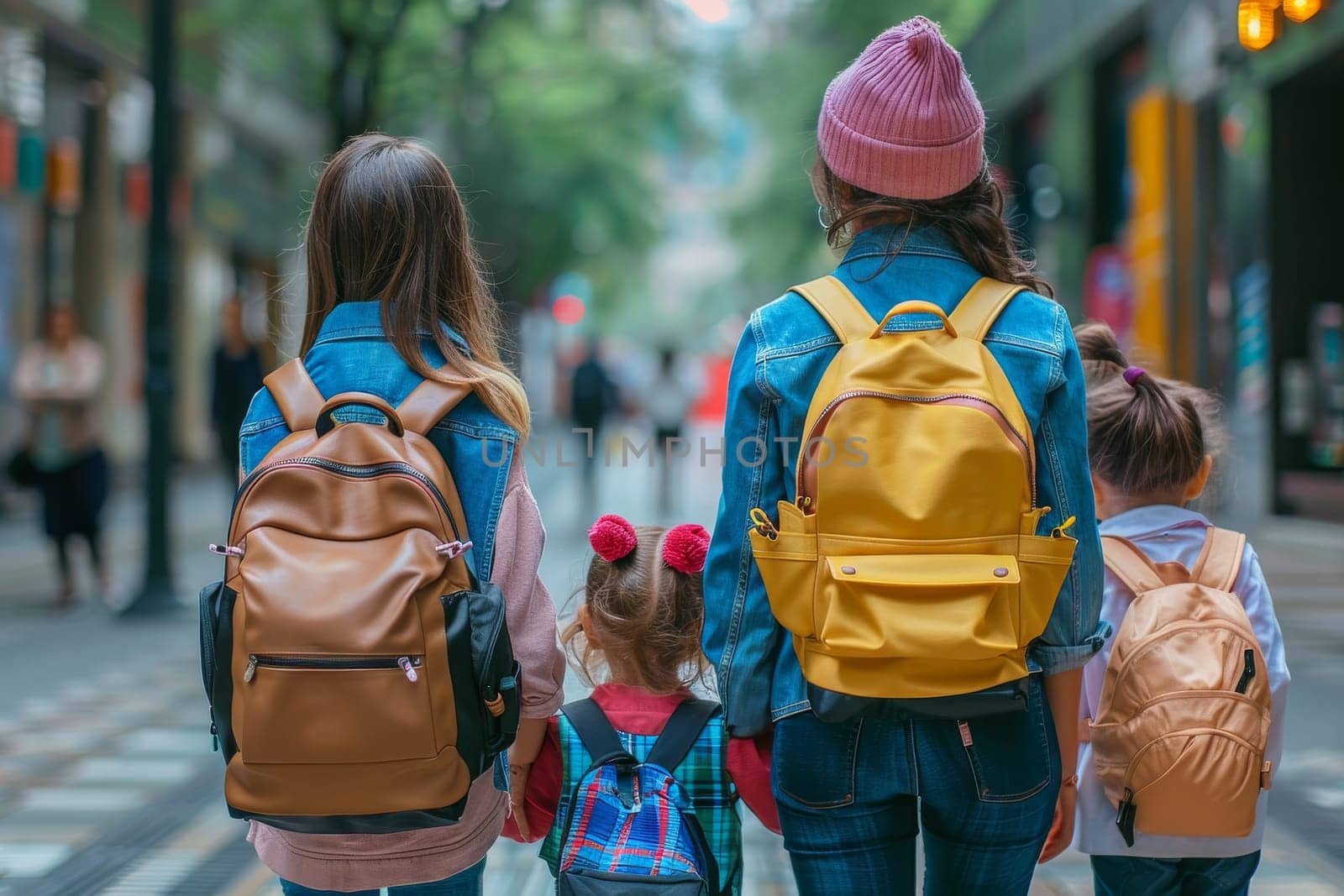 A group of family including a woman and three children. back to school concept.