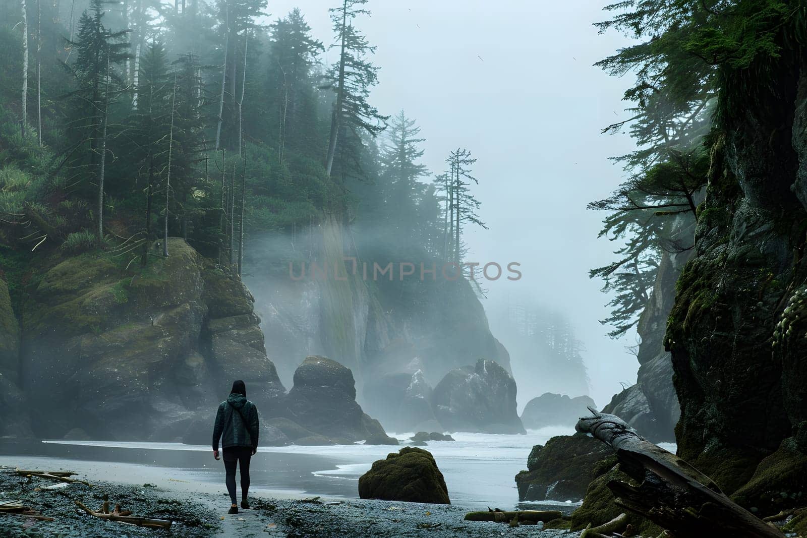 Lone adventurer wanders through lush, mist-covered forest alongside serene rocky beach, embodying solitude and exploration amidst nature's beauty.