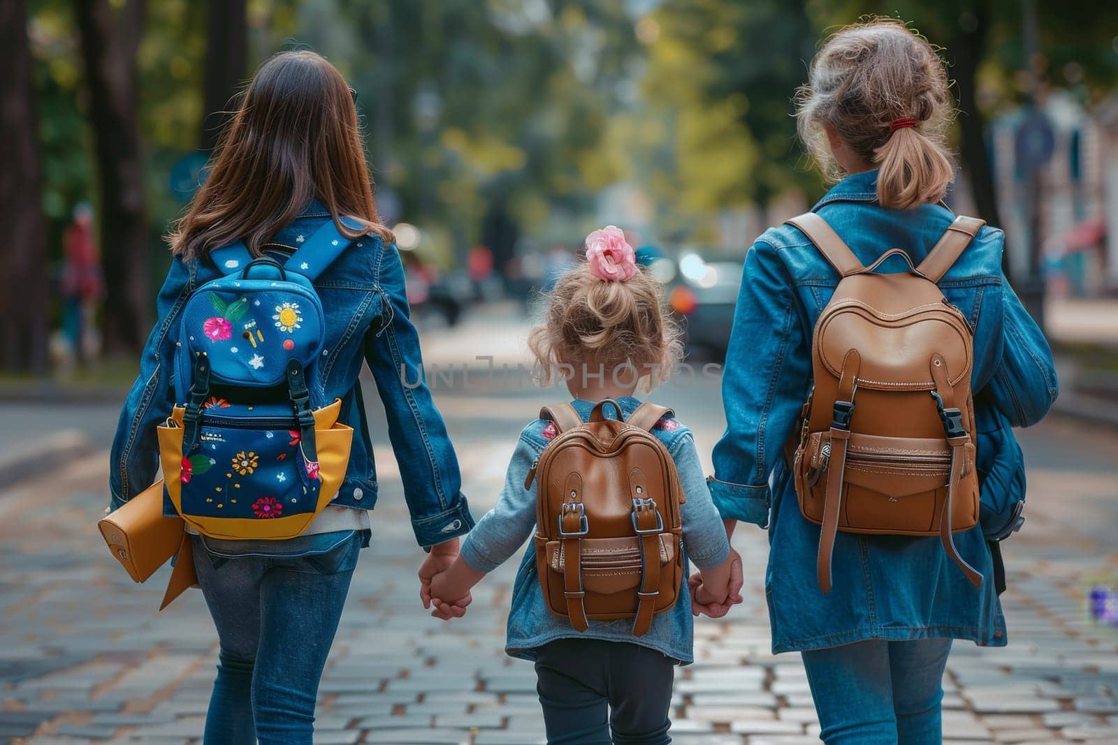 Three girls are walking down a street, each carrying a backpack. The girls are holding hands, and they seem to be enjoying their walk. Concept of friendship and camaraderie among the girls