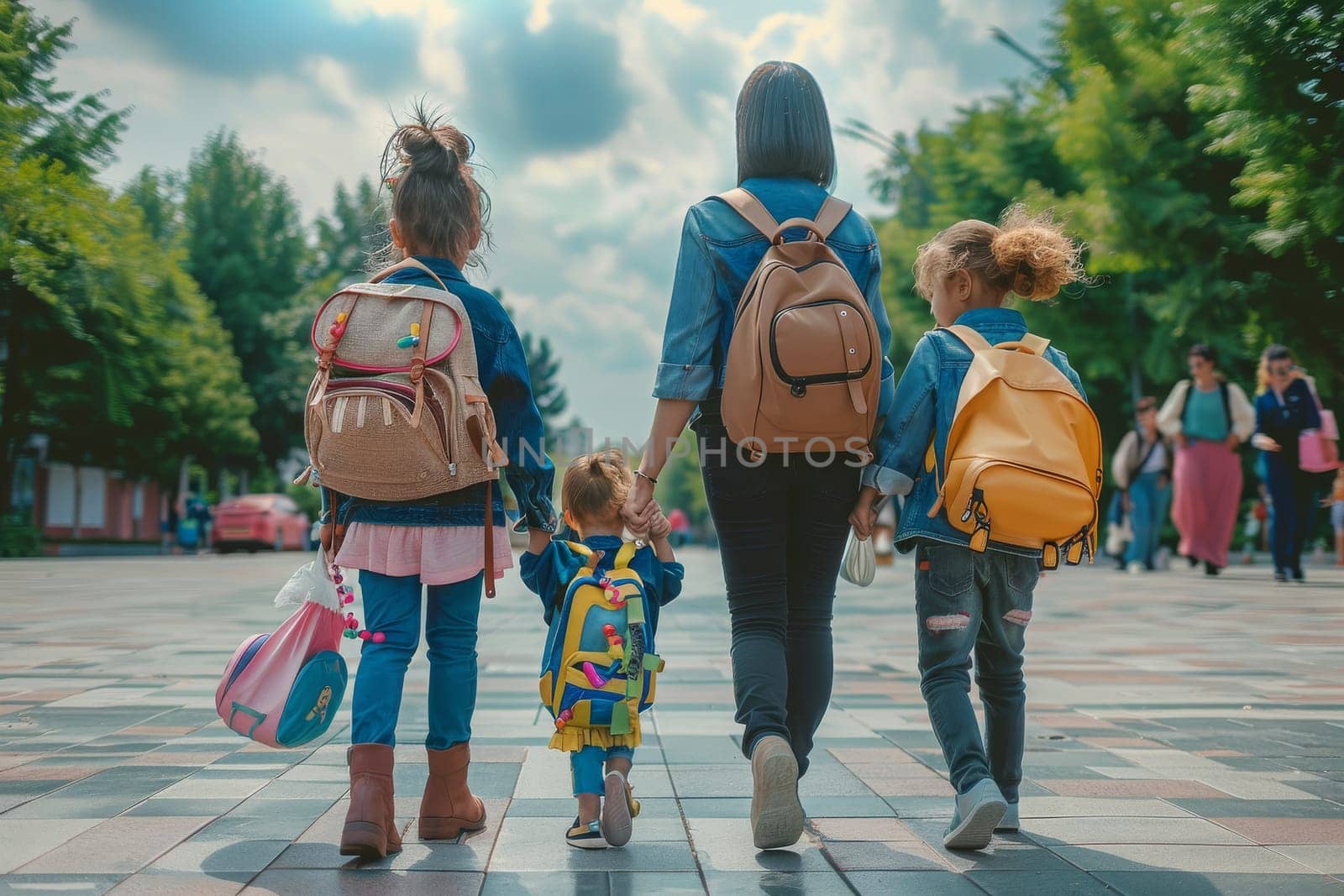 A group of four people, including a woman and three children, are walking down a street with backpacks