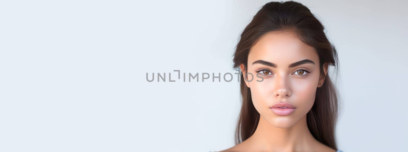 Beautiful, elegant, sexy Latino, Spain woman with perfect skin, on a white background, banner. by Alla_Yurtayeva