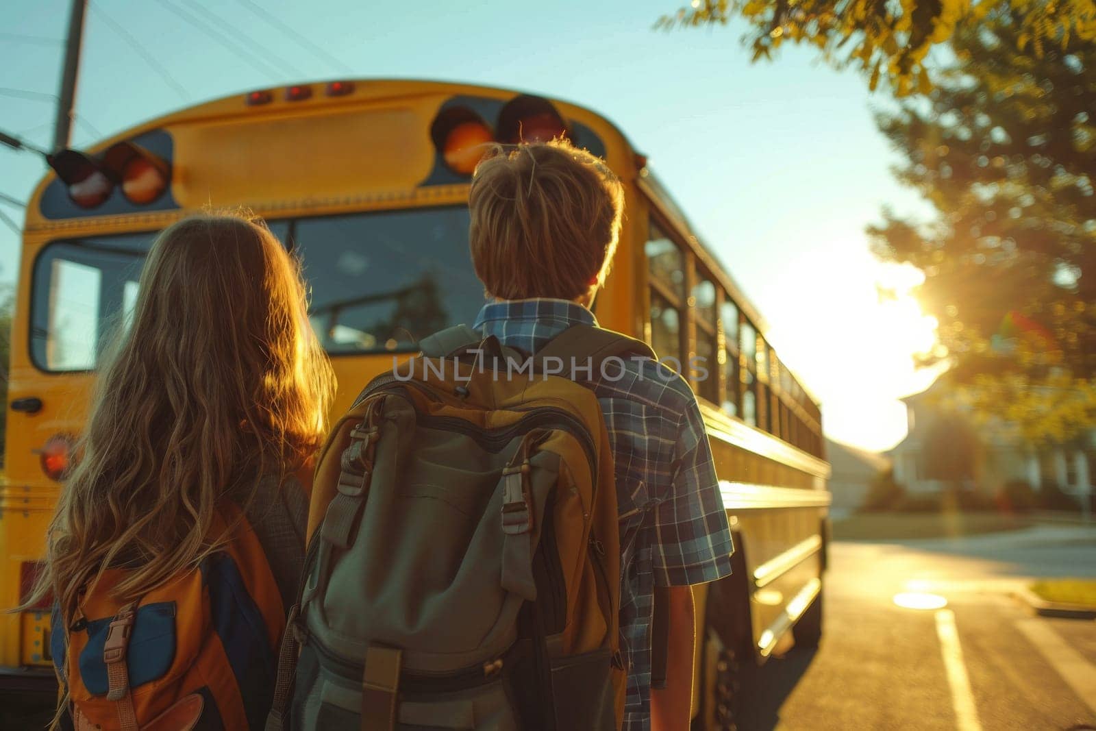 A group of children are standing in front of a yellow school bus. The sun is shining brightly, creating a warm and inviting atmosphere. The children are wearing backpacks