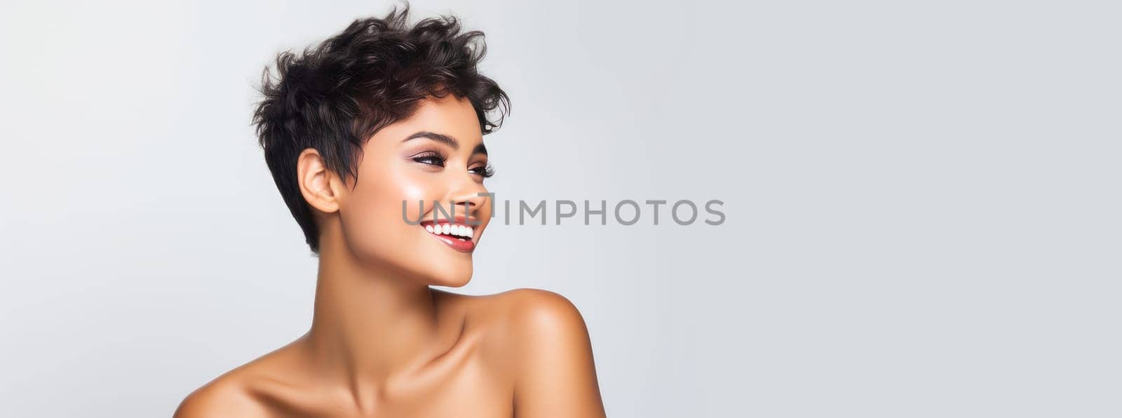 Beautiful, elegant, sexy Latino, Spain, short-haired woman with perfect skin, on a white background, banner. Advertising of cosmetic products, spa treatments, shampoos and hair care products, dentistry and medicine, perfumes and cosmetology for women