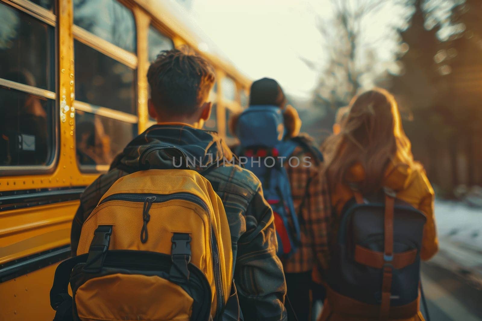 A group of people are walking out of a yellow school bus. They are all carrying backpacks and one of them is wearing a plaid jacket. Scene is casual and relaxed