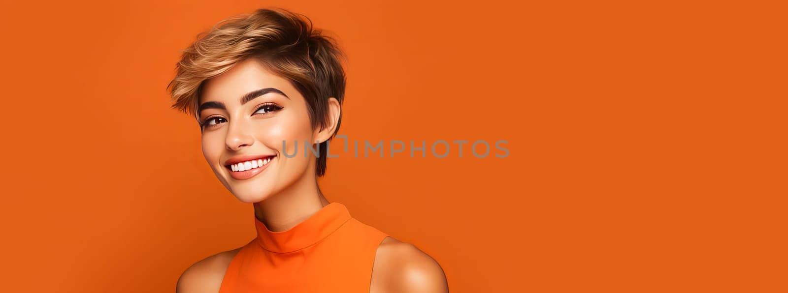 Beautiful, elegant, sexy Latina, Spain with short haircut, woman with perfect skin, orange background, banner. Advertising cosmetic products, spa treatments, shampoos and hair care products, dentistry and medicine, perfumes and cosmetology for women
