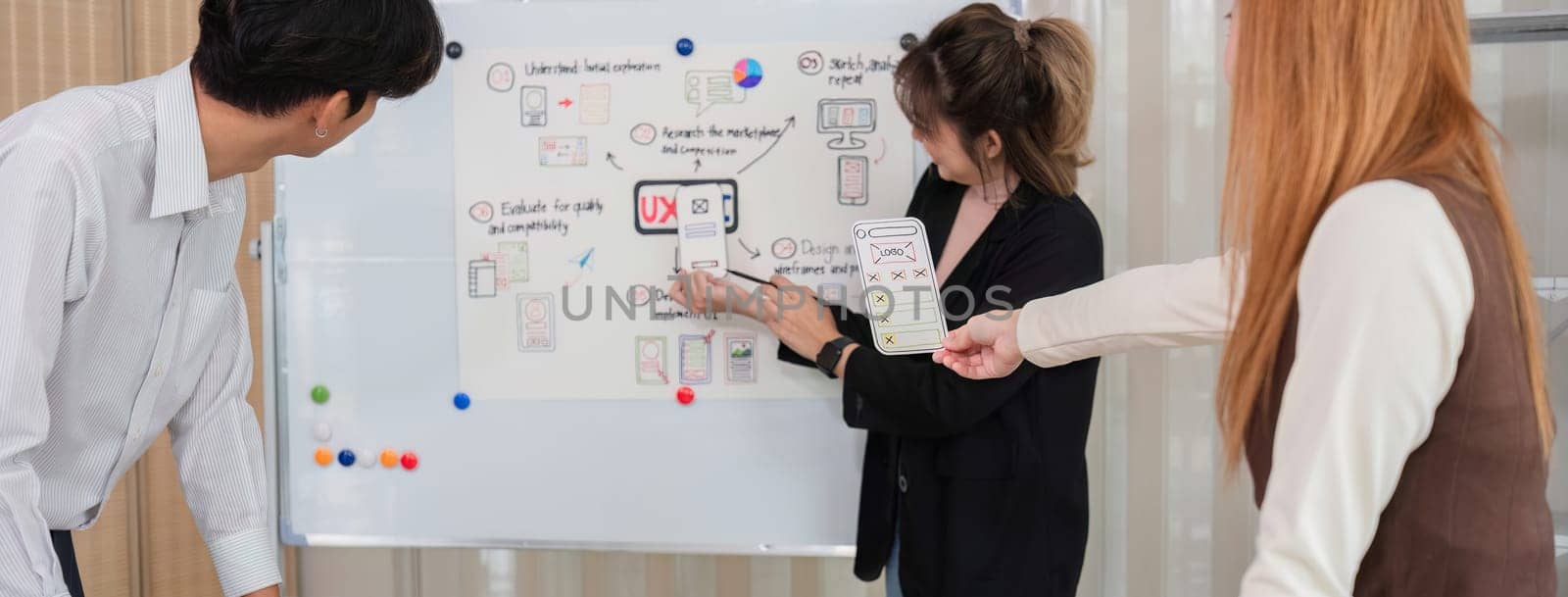 A team of Asian designers creates and designs UX Ui brainstorming software. A team of designers work together as a team in the office. by wichayada