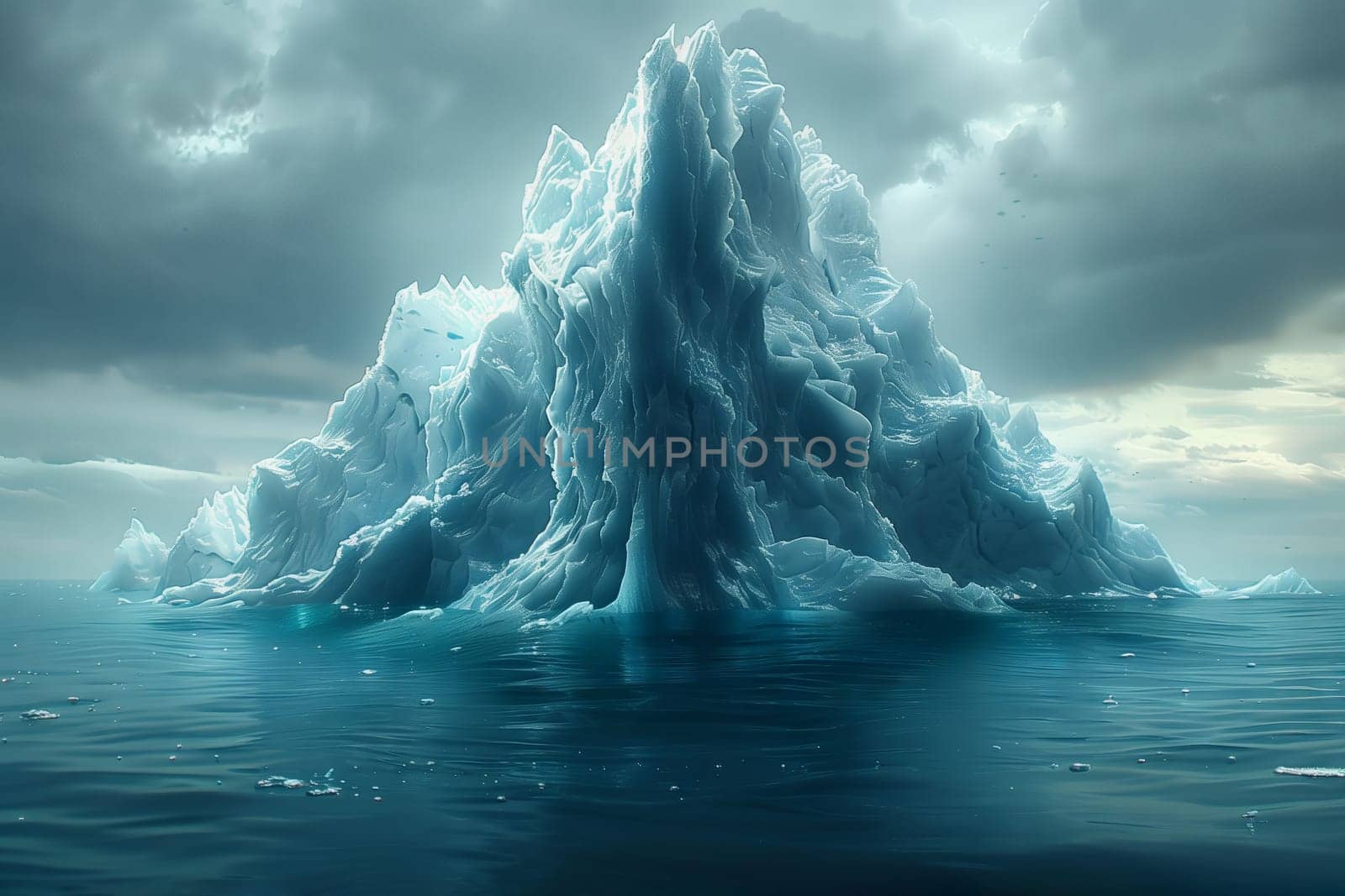 A massive iceberg drifts in the vast ocean surrounded by water, under a cloudy sky with wind waves creating a stunning natural landscape