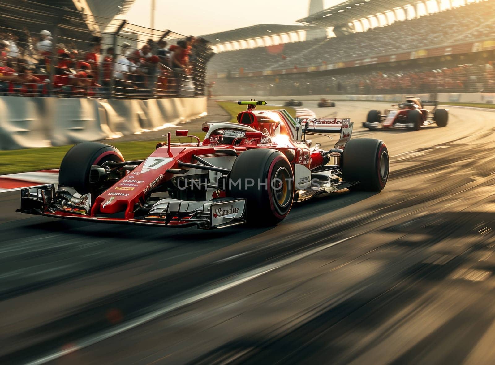 Red and white race car speeds across the asphalt race track by richwolf