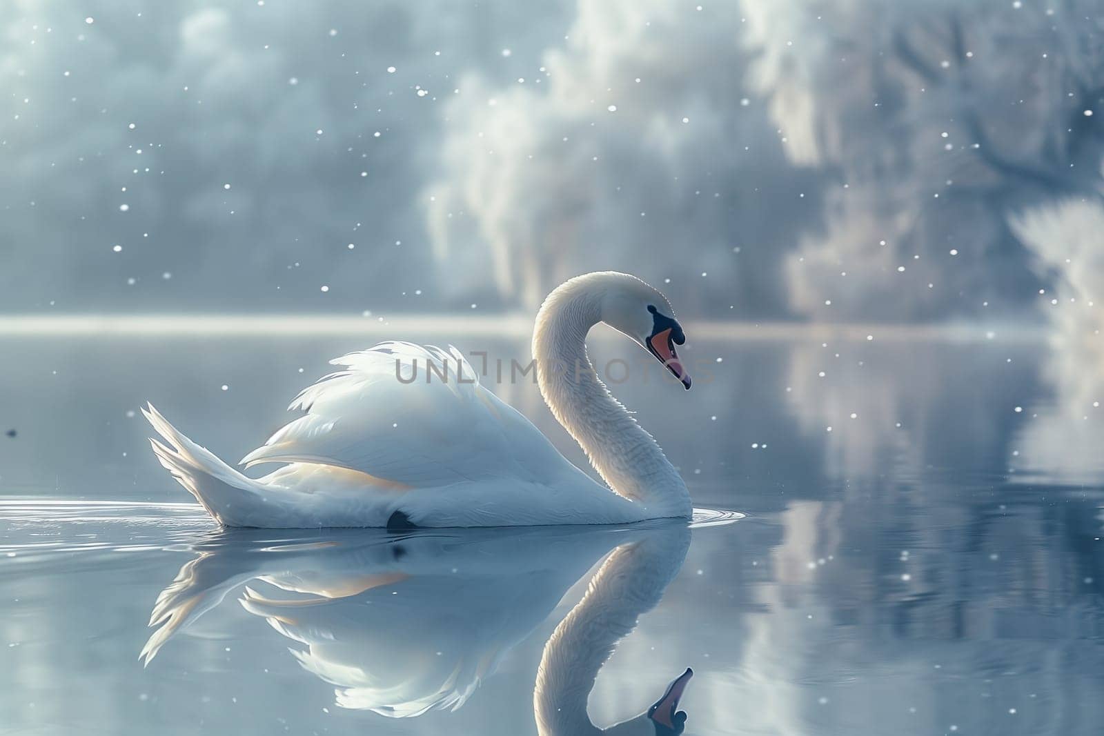 White swan glides on snowy lake, surrounded by waterfowl and fluffy feathers by richwolf