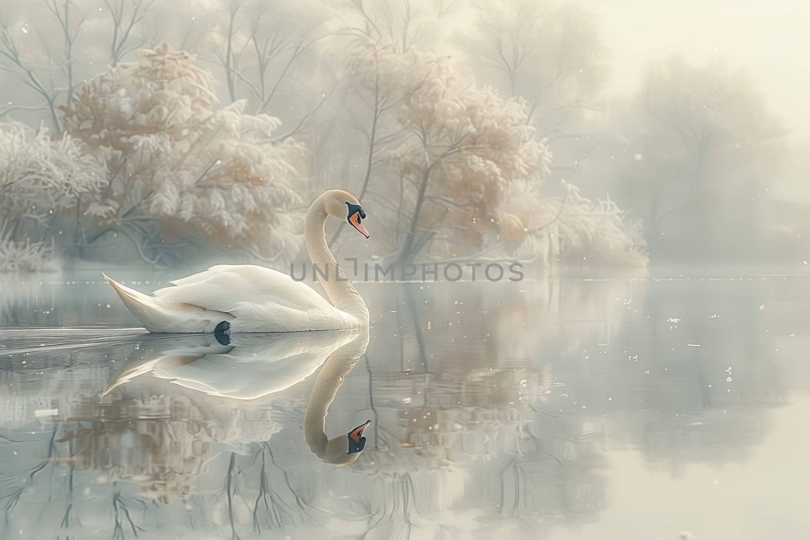 A swan gracefully glides on a lake as trees line the background by richwolf