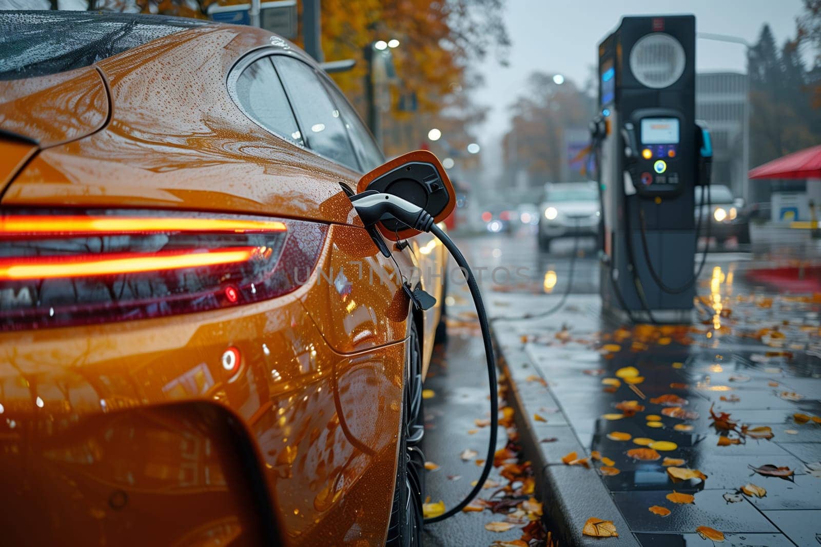 An electric car is parked at a charging station in the rain by richwolf