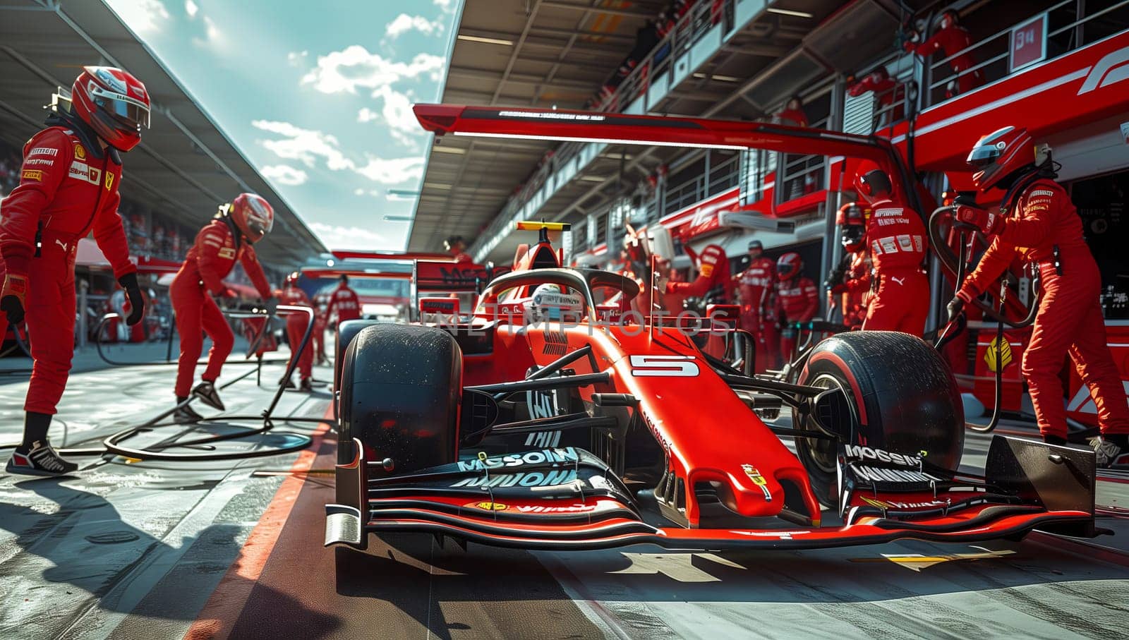 A vibrant red race car sits in a pit lane as mechanics diligently work on it. The sleek automotive design and shiny exterior stand out against the backdrop of the building and clouds in the sky