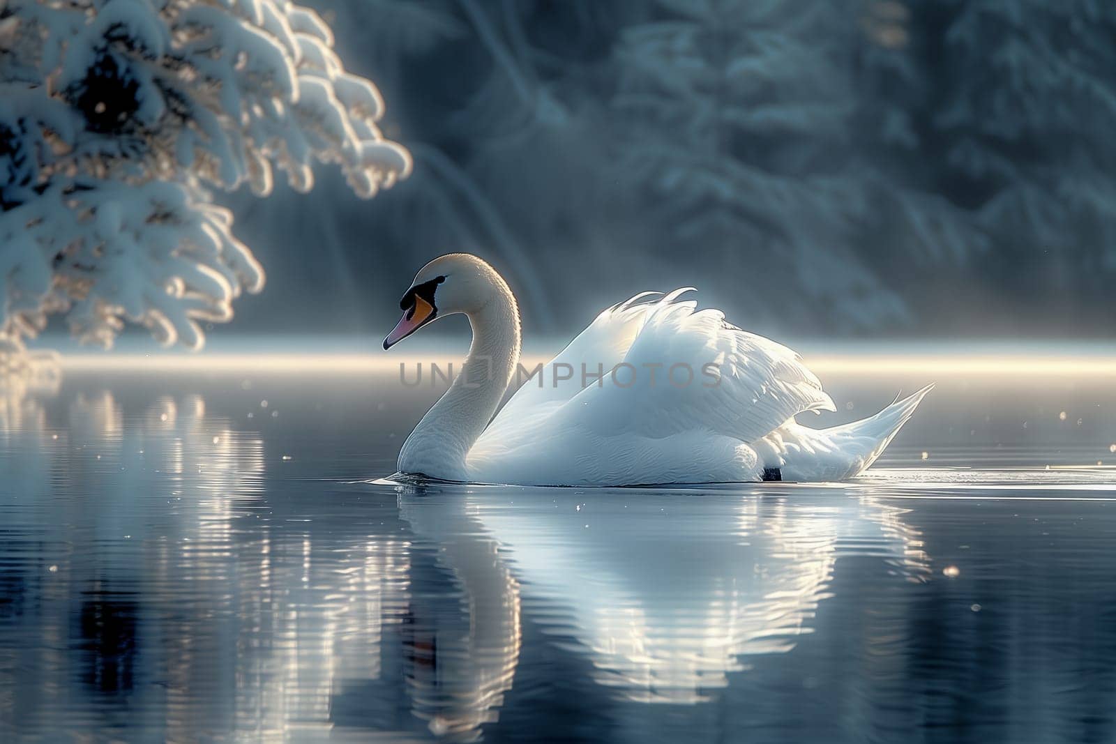 A white bird with a long beak is gracefully gliding through the liquid water of a lake, with snowcovered trees in the background creating a picturesque natural landscape