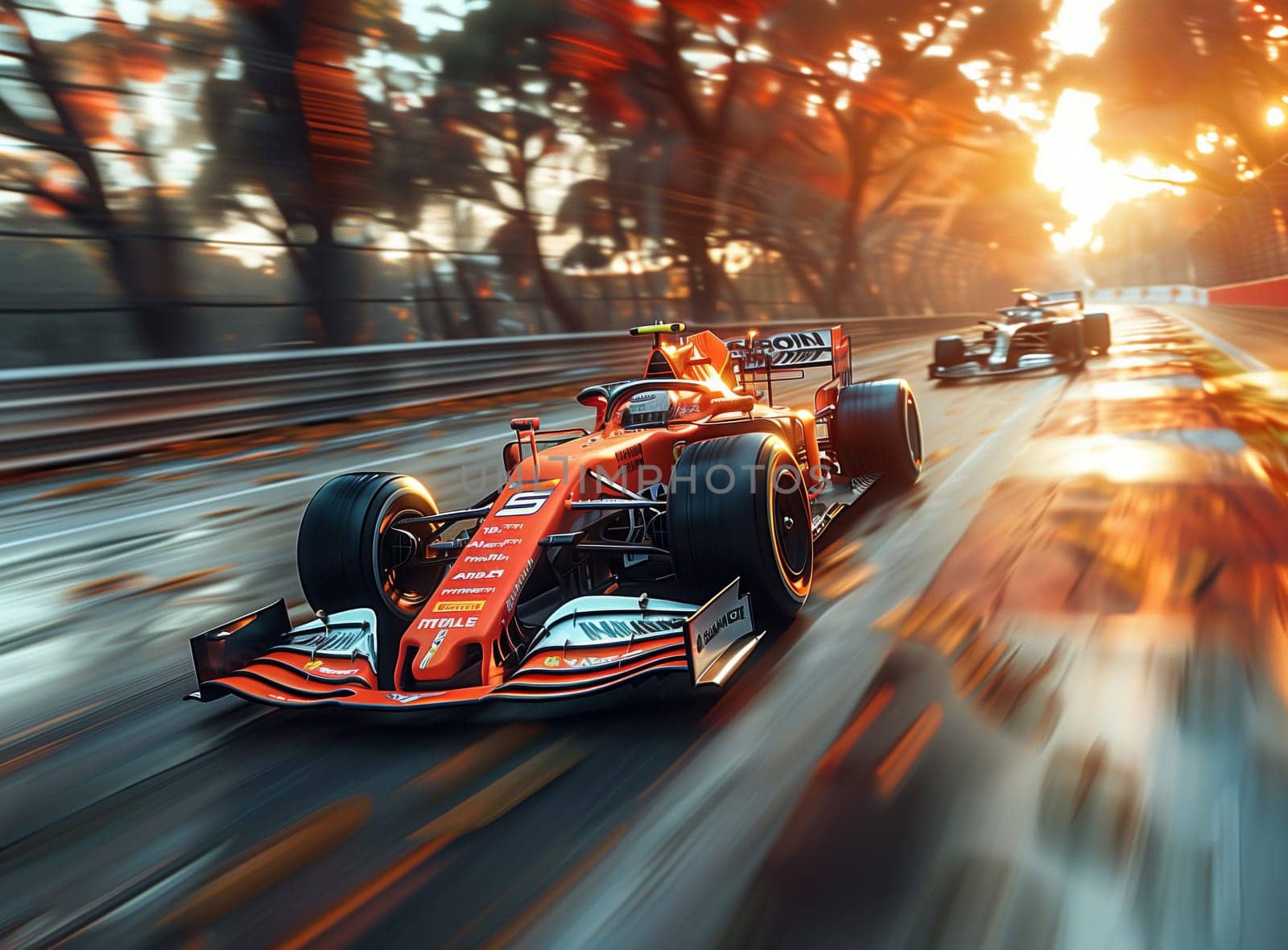 A racing car with sleek automotive design is speeding down the asphalt track at sunset, with its tires gripping the road and headlights shining brightly