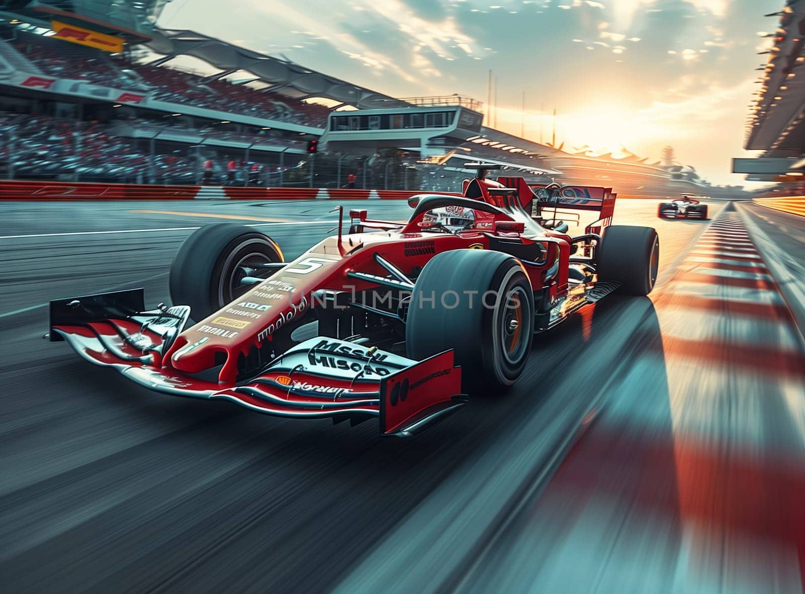 A red and white racing car is speeding down the track, with its tires gripping the pavement as it races against the blue sky and fluffy clouds