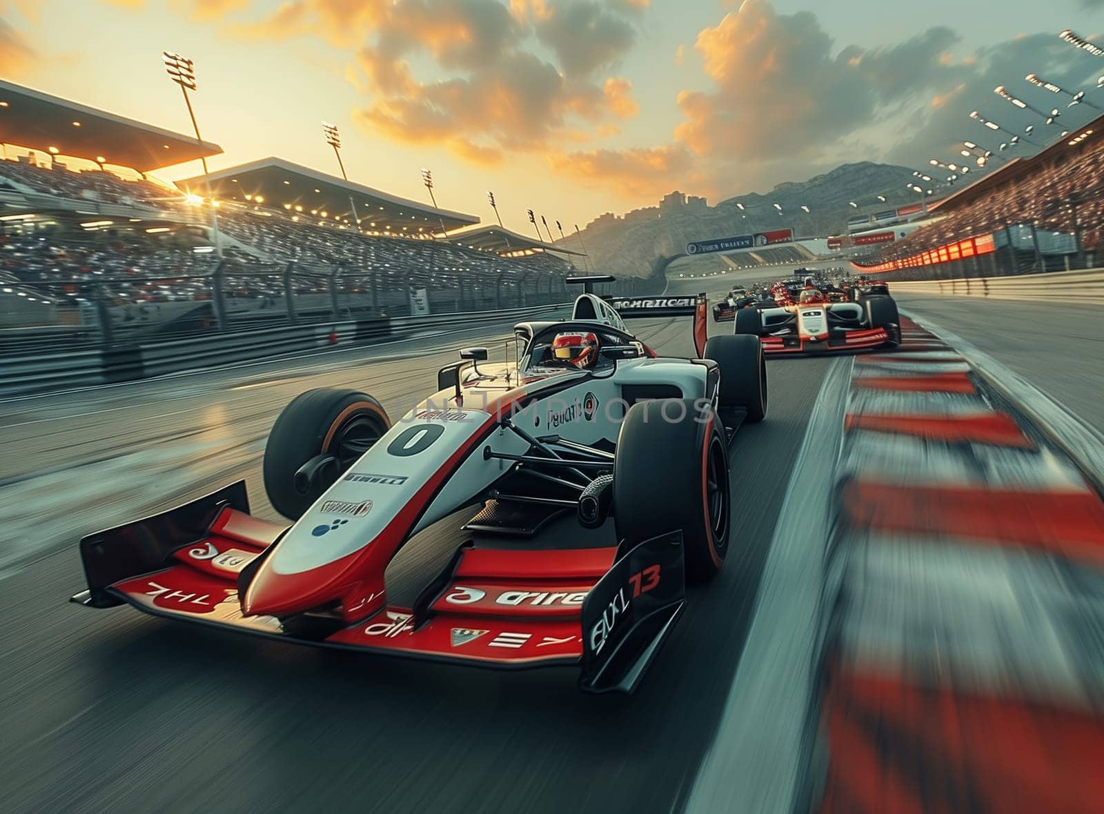 Car racing on track at sunset, tire smoke blending with colorful sky by richwolf