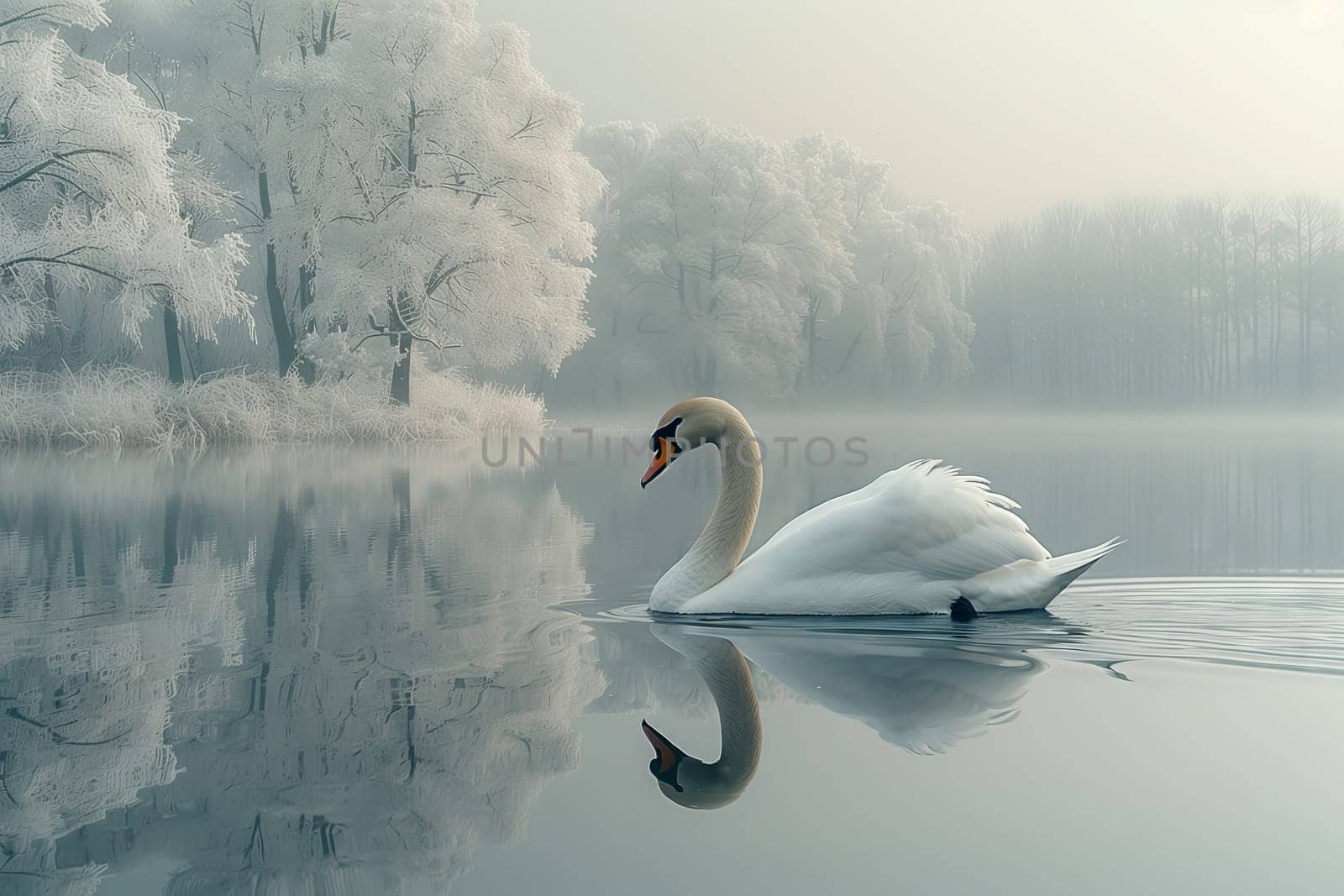 A graceful swan glides through the misty waters of the lake, alongside ducks, geese, and other waterfowl, surrounded by the serene beauty of the natural landscape