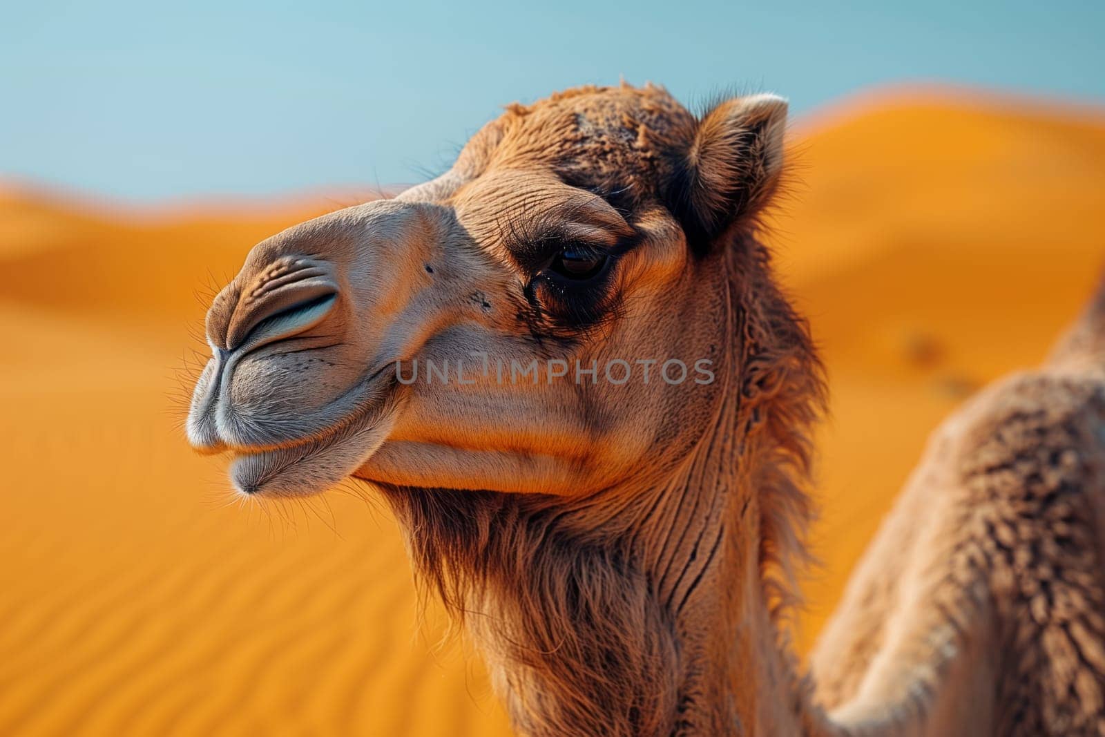 A closeup of a camelids eye in the desert landscape, showcasing its fawncolored snout and adaptation as a terrestrial animal. The camel looks up at the sky, a symbol of its resilience as livestock