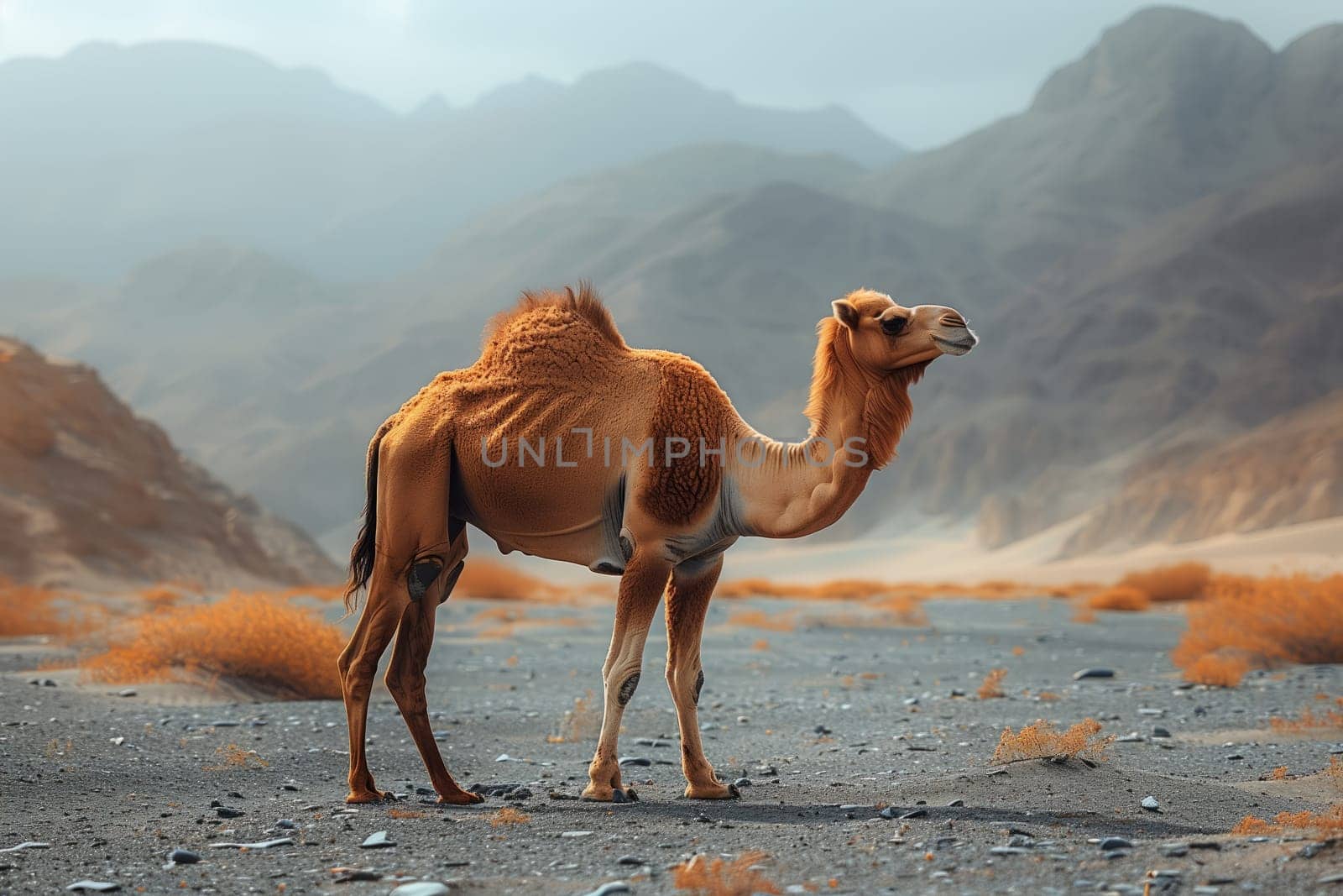 Camel in desert with mountains terrestrial animal in arid ecoregion by richwolf