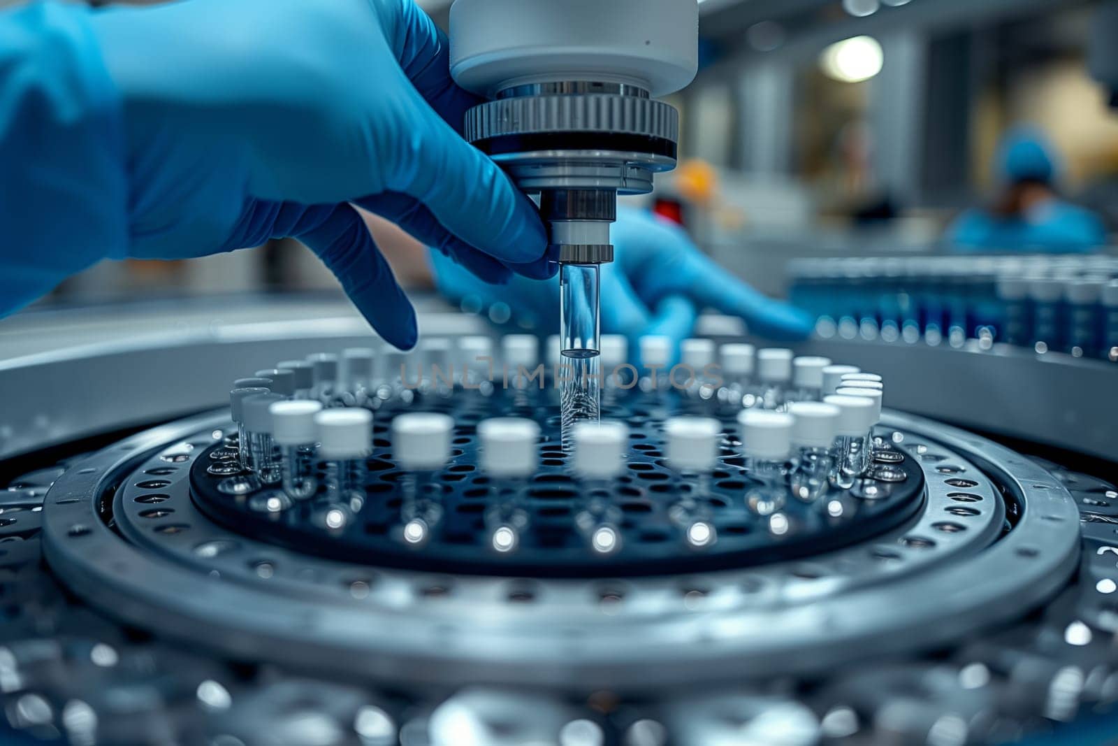 a close up of a person using a microscope in a laboratory by richwolf